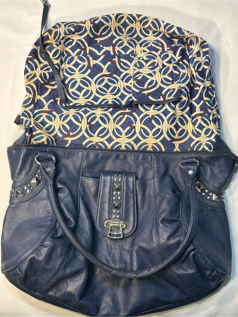 Allison Scott Navy Blue Genuine Leather Shoulder Hobo Style Studded Purse